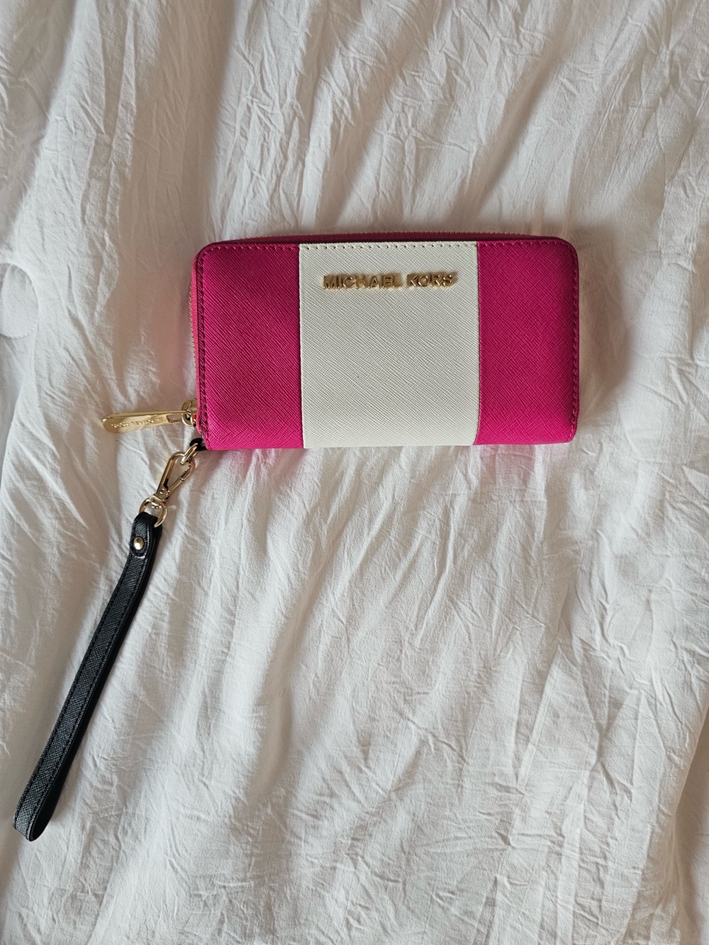 Michael Kors Pink White Stripe Zip-Around Wristlet Wallet
